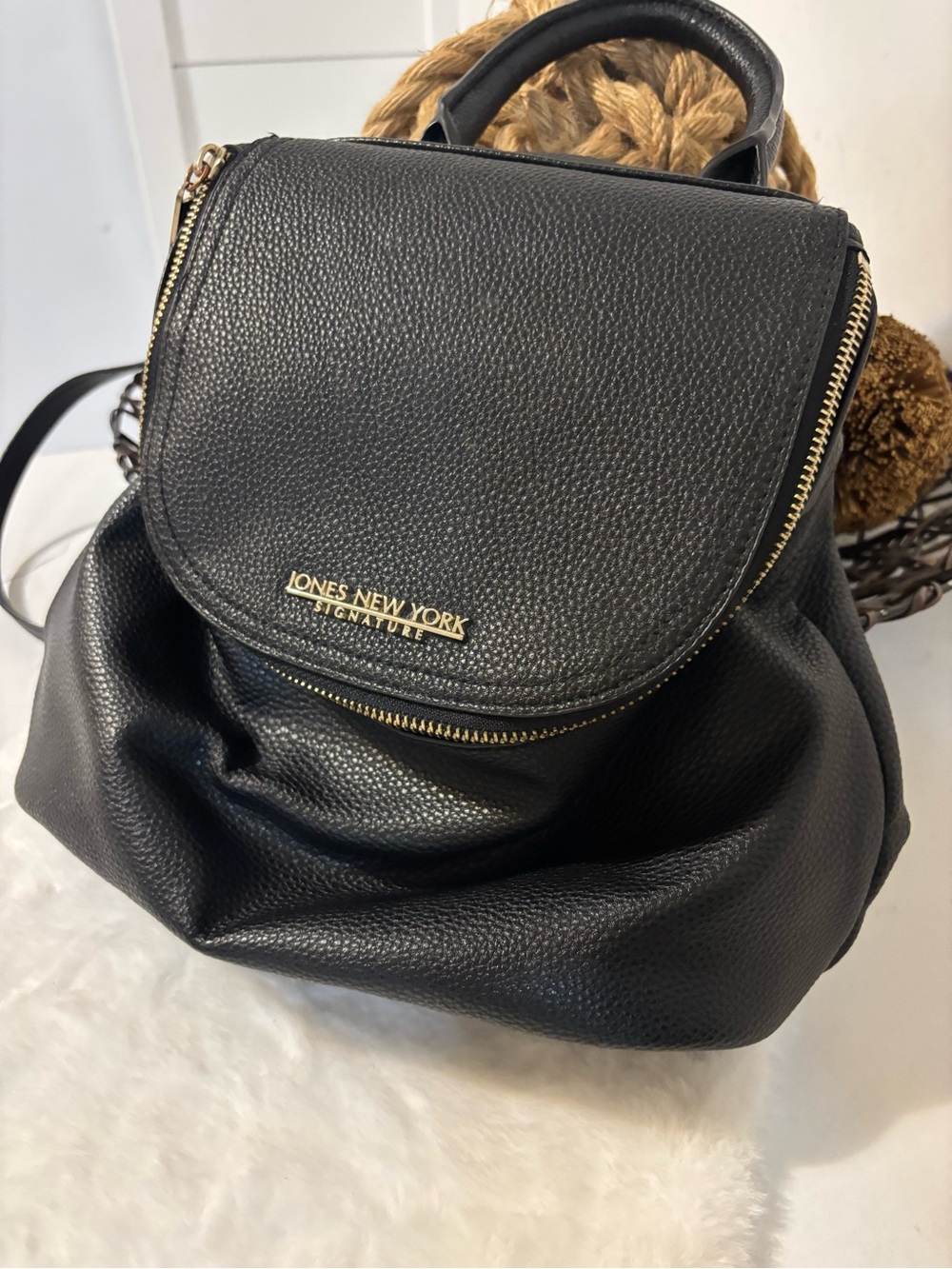 Jones New York Black Pebbled Leather Backpack with Gold Hardware